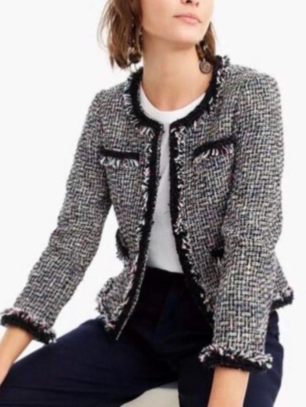 J crew lady jacket metallic black white tweed fringe trim/cuffs sz 2 workwear